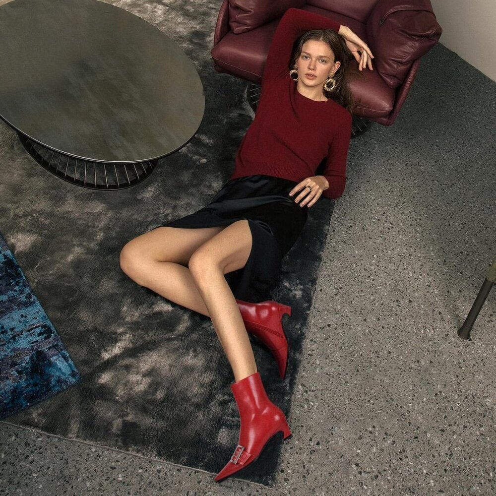 ✨Women Red Buckle Ankle Boots Kitten Low Heel Eyelet Sexy Pointy Toe Booties - Picture 4 of 9